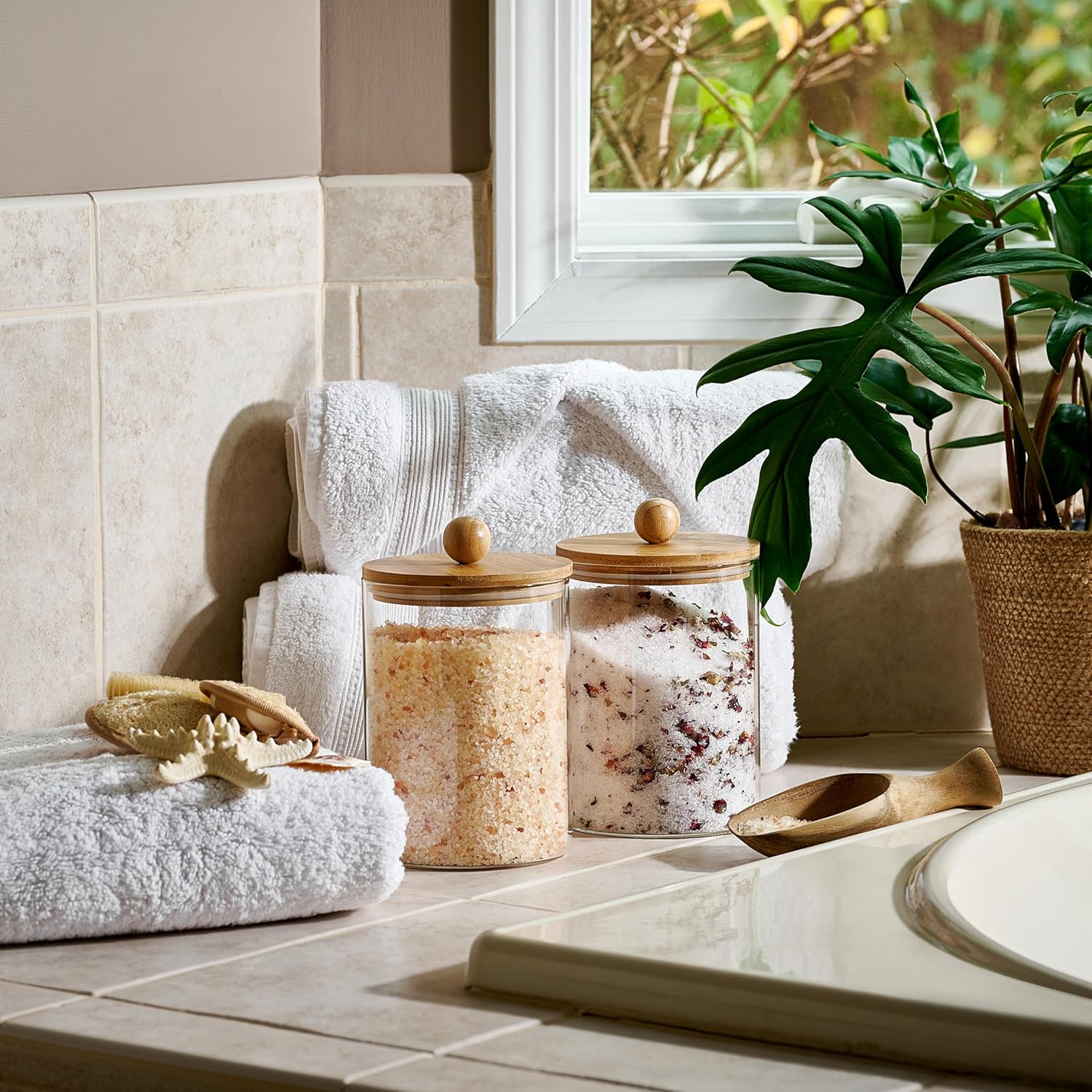 Set of 2 Large Glass Canisters for Kitchen Counter with Airtight Bamboo Lids + Marker & Labels