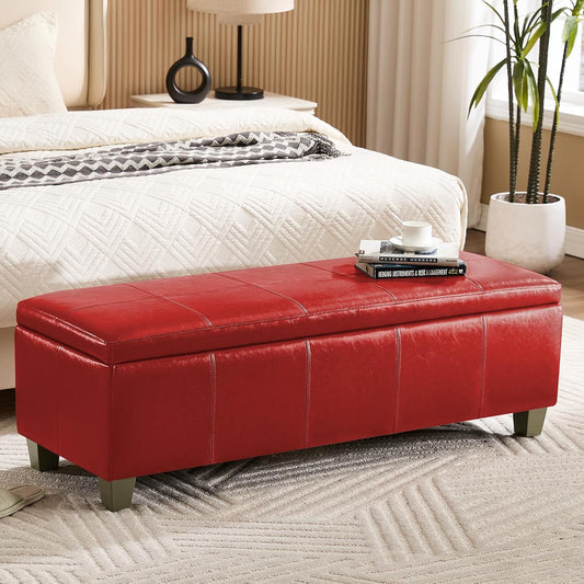 51" Faux Leather Storage Ottoman, Stitch Tufted Rectangle Upholstered End of Bed Storage Bench
