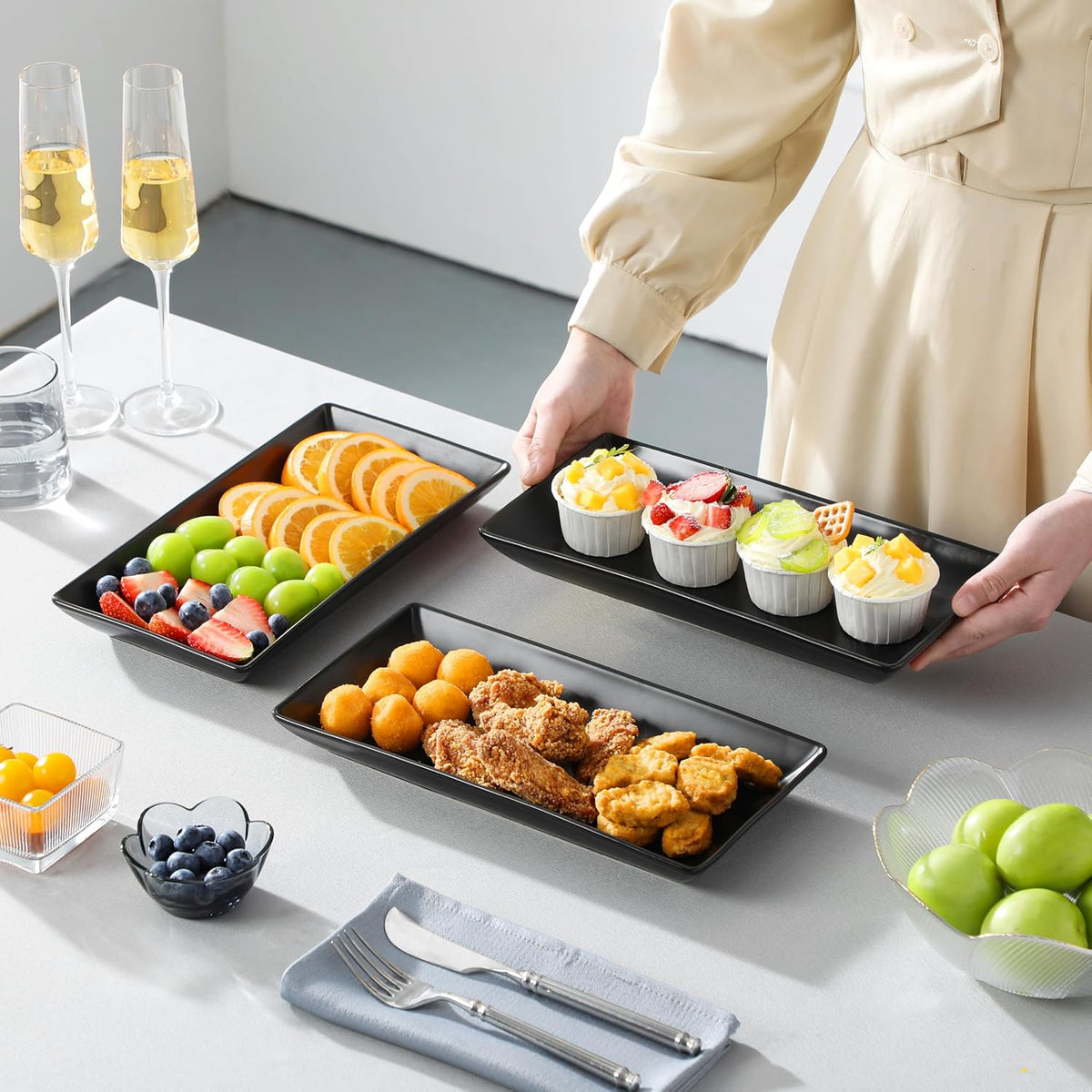 MALACASA 3 Tier Serving Trays for Party, 12 Inch Porcelain Black Trays for Serving Food, Dessert