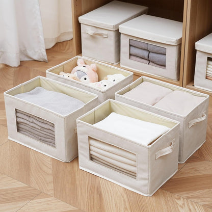 Citylife 3 Pack Storage Bins with Lids, Fabric Foldable Storage Bins with Soft Cord Handles, Canvas