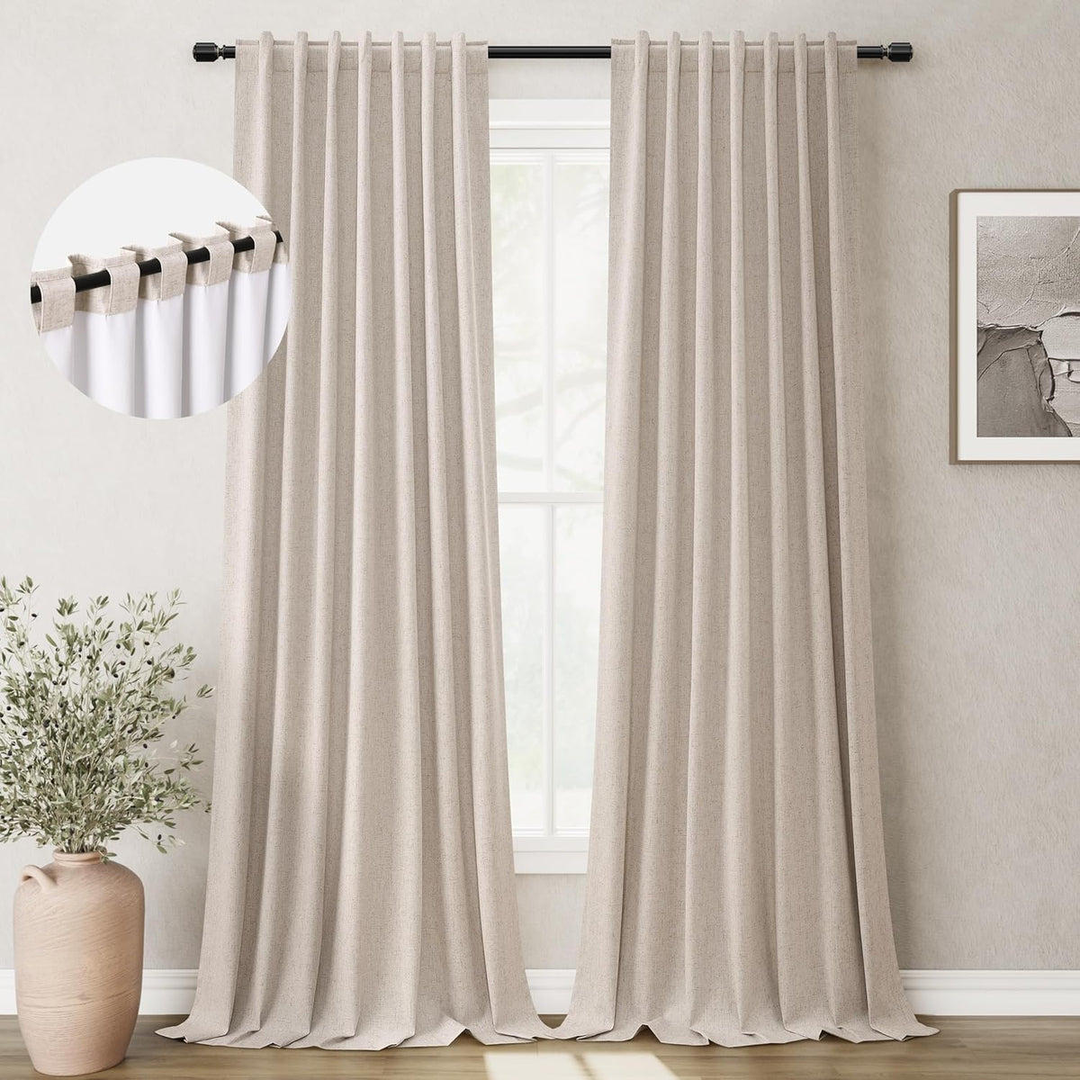 BOODII Oatmeal Linen 100% Blackout Curtains 100 Inch Extra Long Room Darkening Light Blocking