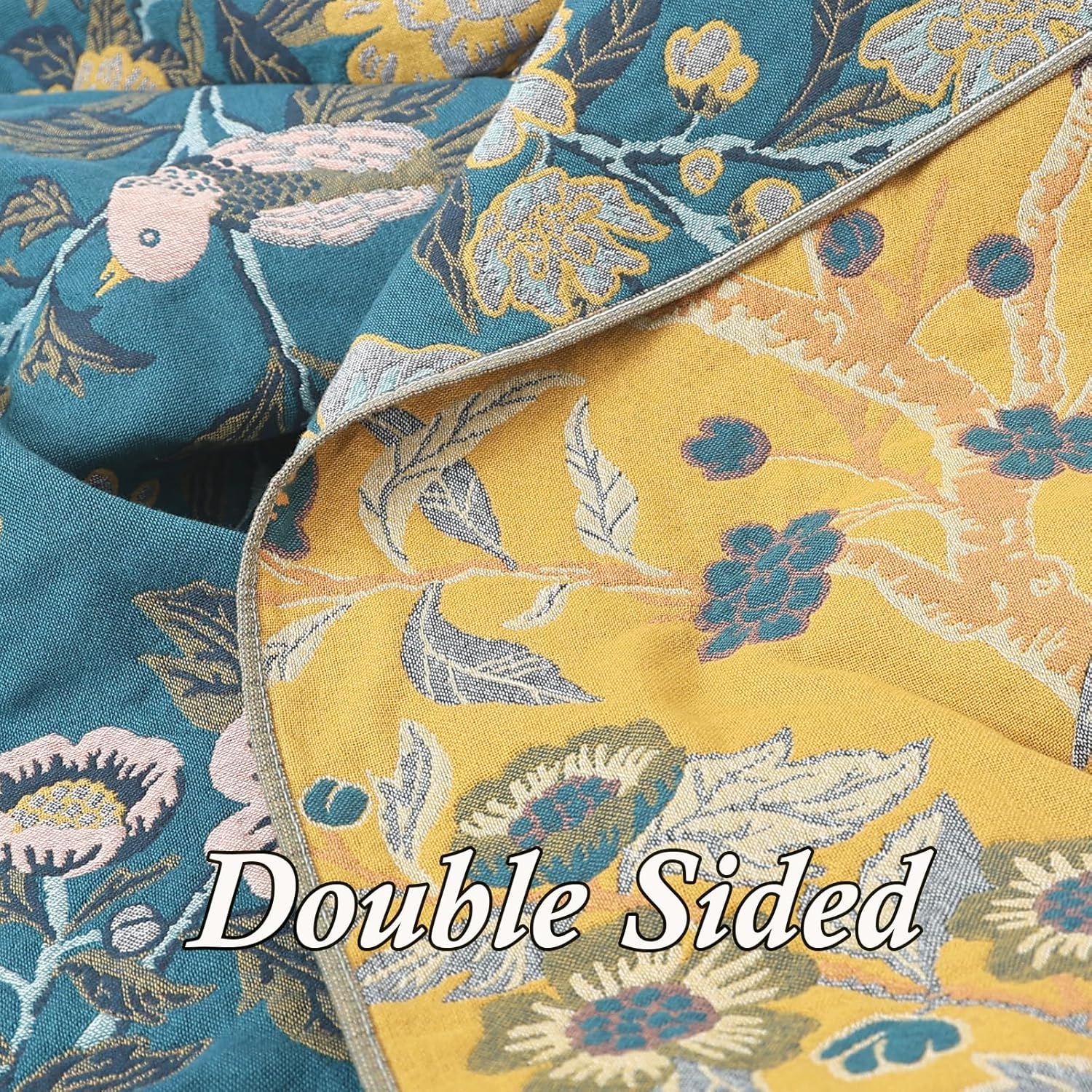 Snycler Boho Throw Blanket for Bed - 100% Cotton Ultra Soft Rustic Quilt Blanket Green Bird Floral