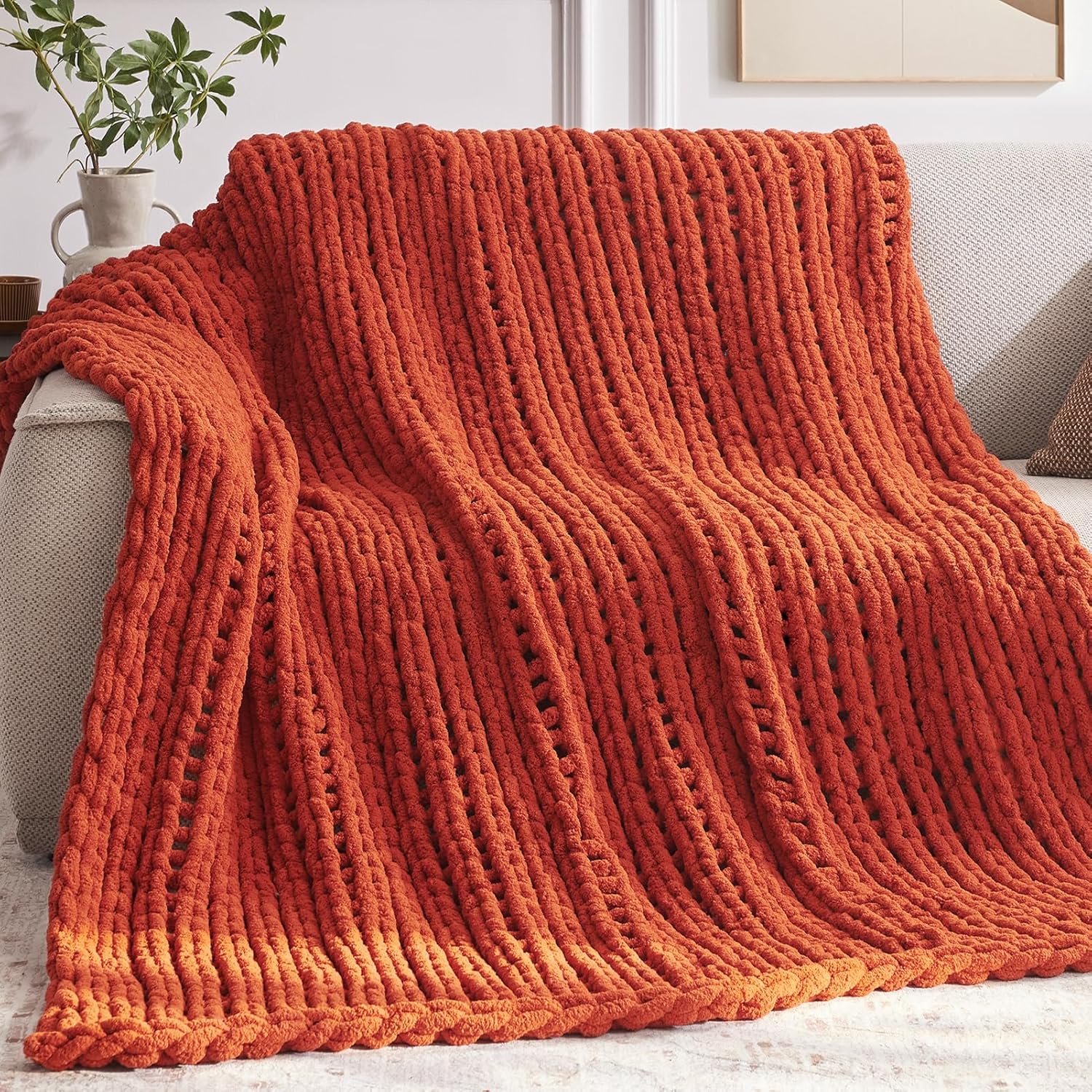Chunky Knit Throw Blanket, 60''*80'' Knitted Throw Chenille Yarn for Bed Couch, Handmade Orange