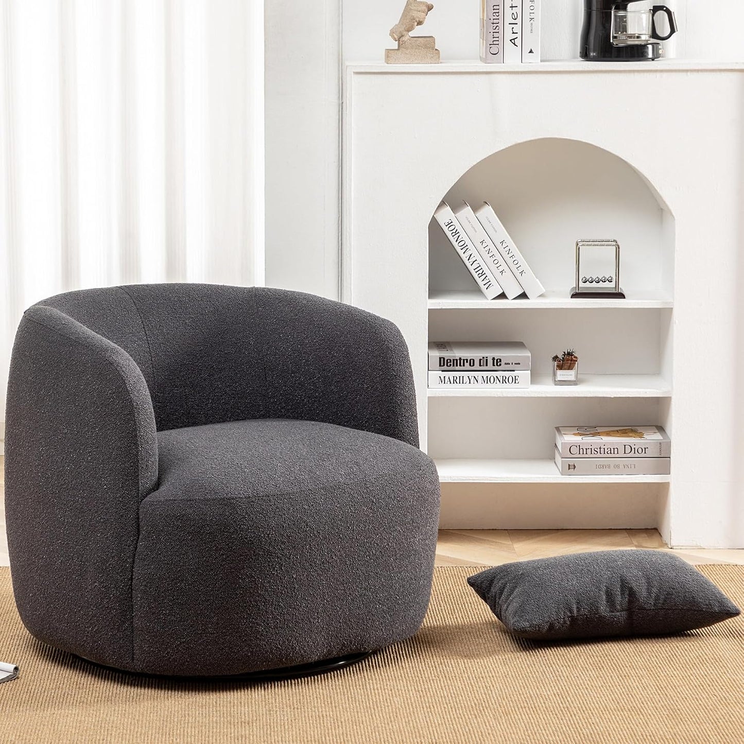 KINWELL 34" Wide Boucle Swivel Barrel Chair, No Assembly Round Upholstered Armchair Accent Chair
