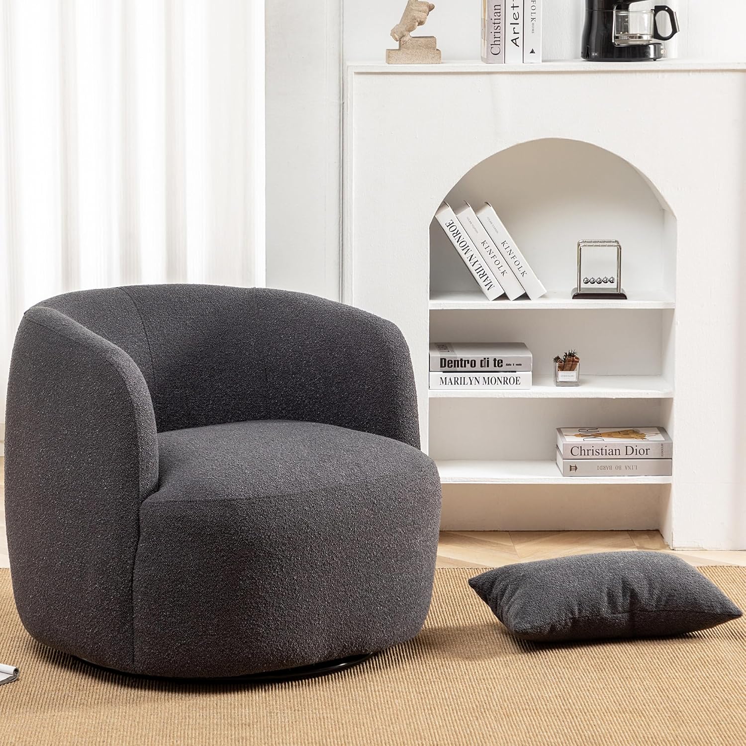KINWELL 34" Wide Boucle Swivel Barrel Chair, No Assembly Round Upholstered Armchair Accent Chair