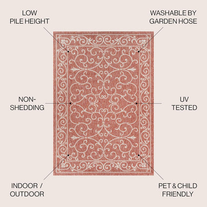 JONATHAN Y Vintage Filigree Indoor Outdoor Round Area Rug 5 Ft Red/Beige, Charleston Textured Weave