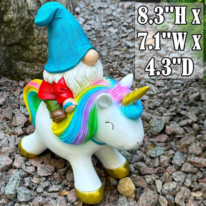 Mood Lab Garden Gnome Statue - Garden Gnome Riding Unicorn - 8.3 Inch Tall Lawn Figurine - for