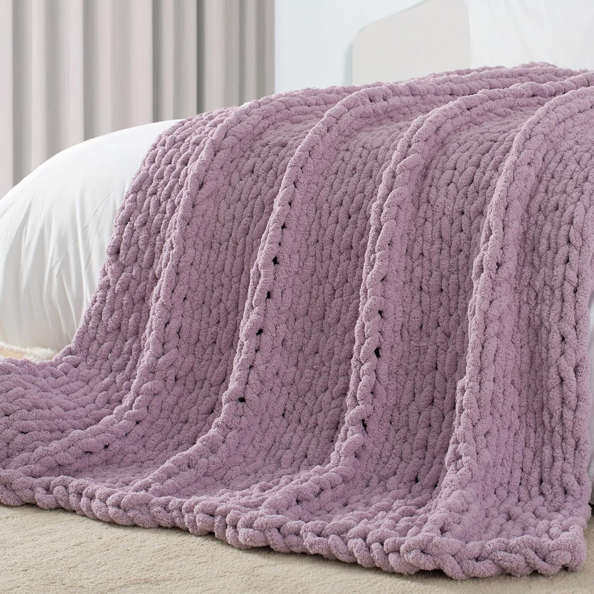 Carriediosa Chunky Knit Throw Blanket 60" X 80" Twin, 100% Hand Made Large Chenille Loop Yarn Soft