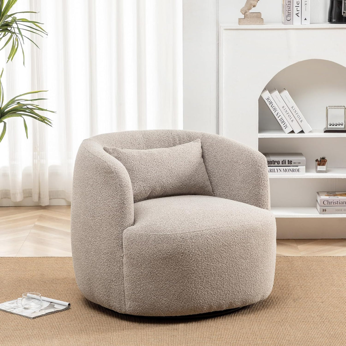 KINWELL 34" Wide Boucle Swivel Barrel Chair, No Assembly Round Upholstered Armchair Accent Chair