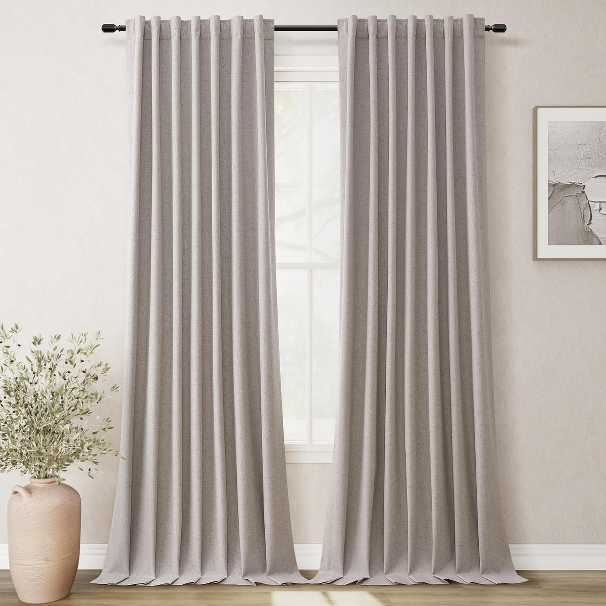 BOODII 108 Inch Black Out Curtains 2 Panels Set Back Tab Thermal Insulated Natural Linen Textured