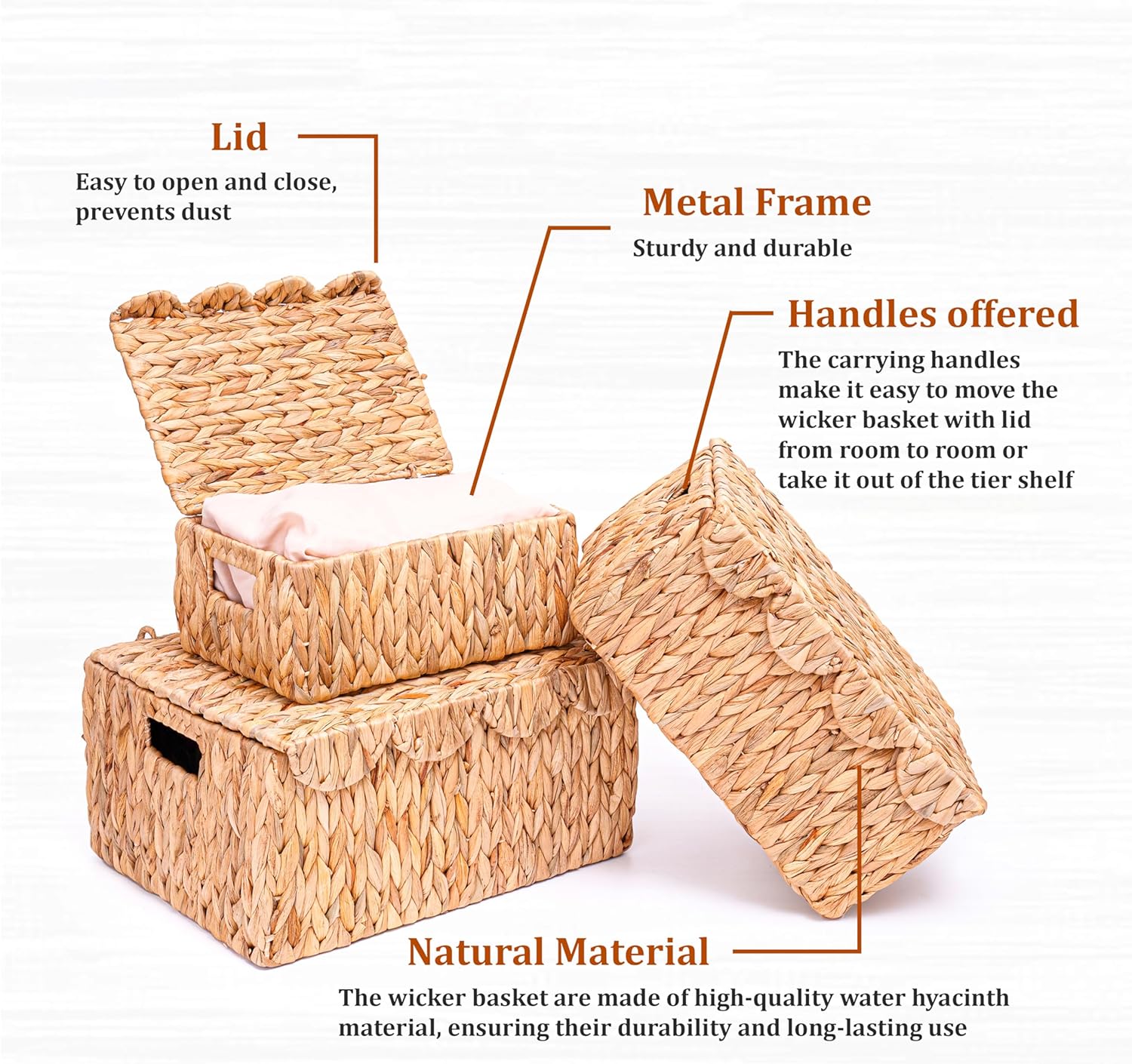 Set of 3 Scalloped Edge Wicker Basket with Lid, Rectangle Wicker Storage Basket with Built-in