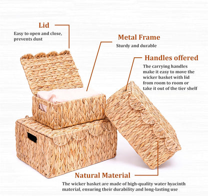 Set of 3 Scalloped Edge Wicker Basket with Lid, Rectangle Wicker Storage Basket with Built-in