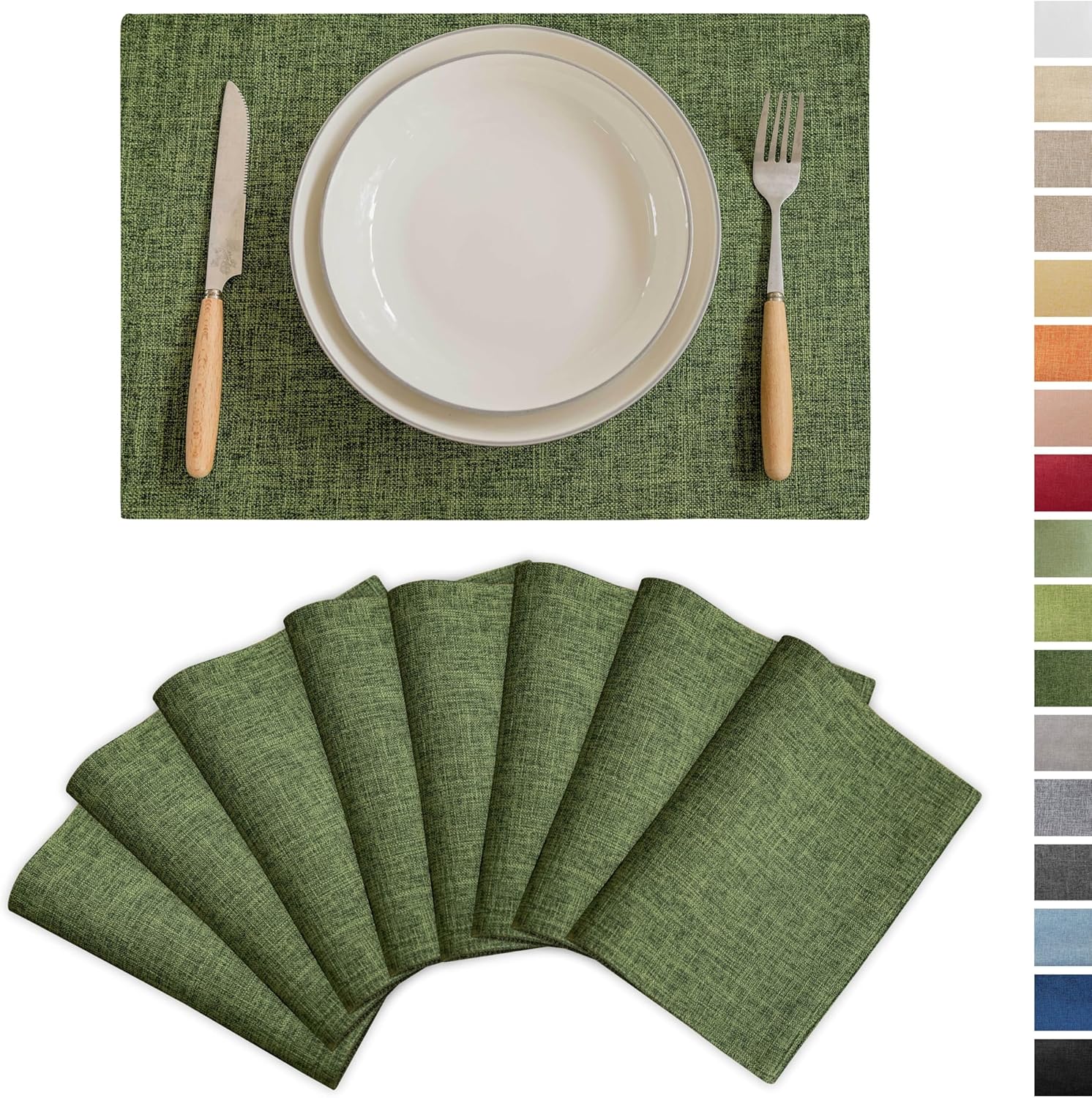 Demetex Dark Green Placemats Set of 8 Decorative Linen Textured Place Mats Heat Resistant Plate