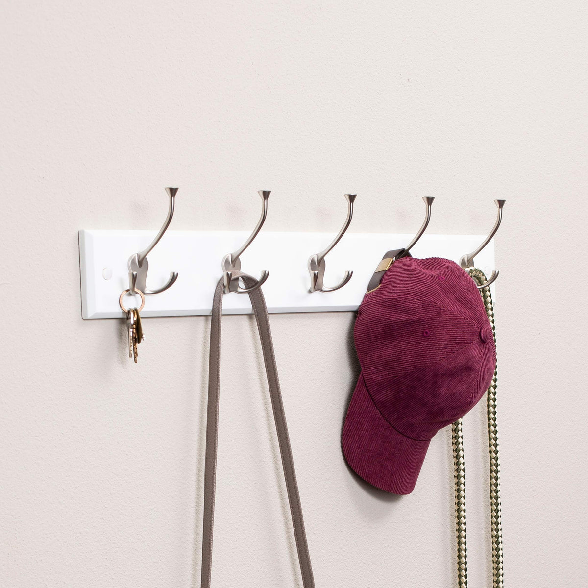 BIRDROCK HOME Tri Hook Coat Rack | 5 Hooks | Wall Mount Hat Rack | White Finish | Satin Nickel Hooks