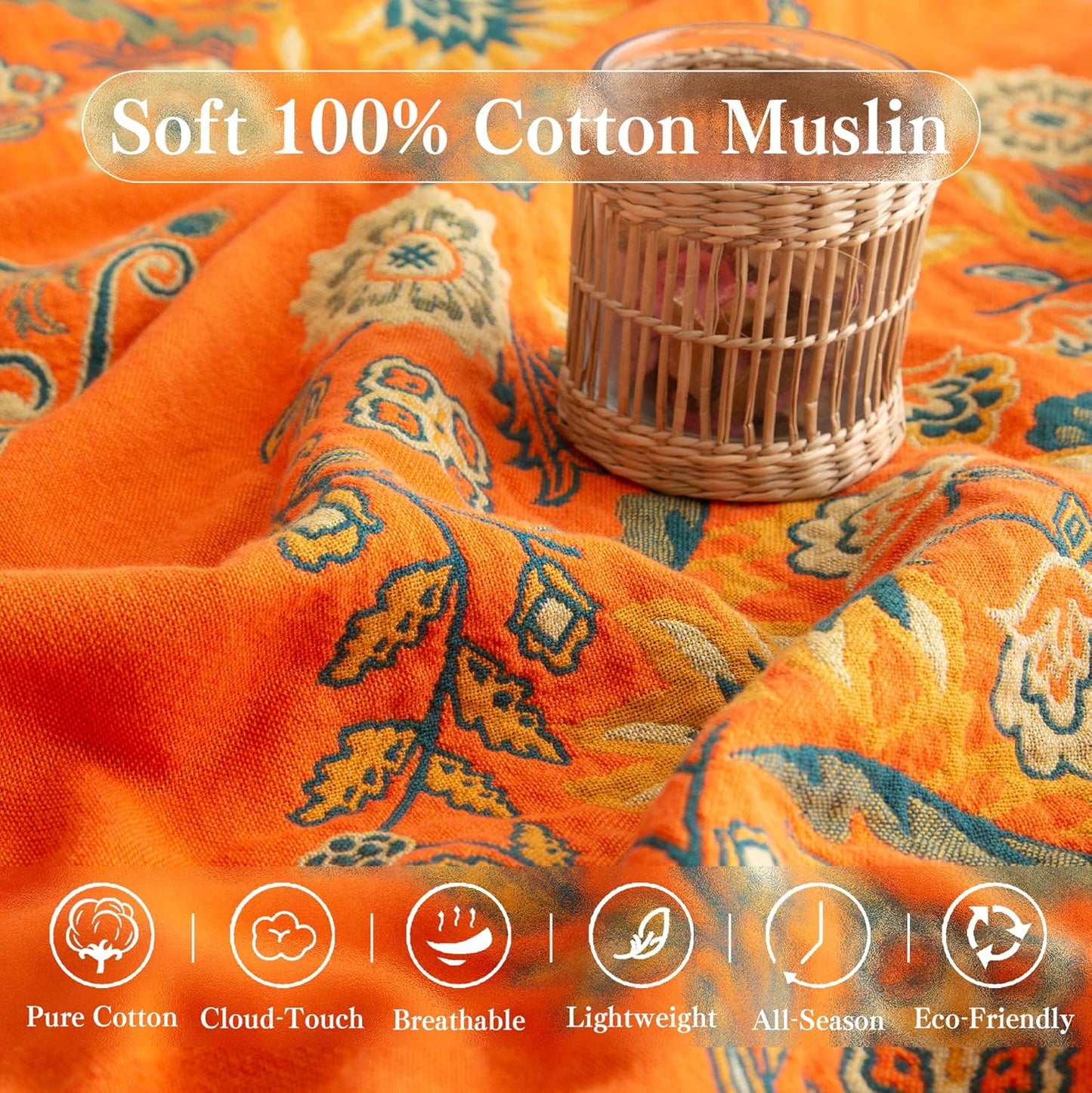 Boho Throw Blanket Twin Size, Soft Cozy Cotton Muslin Quilt Blanket for Bed Decor, Floral Patterned