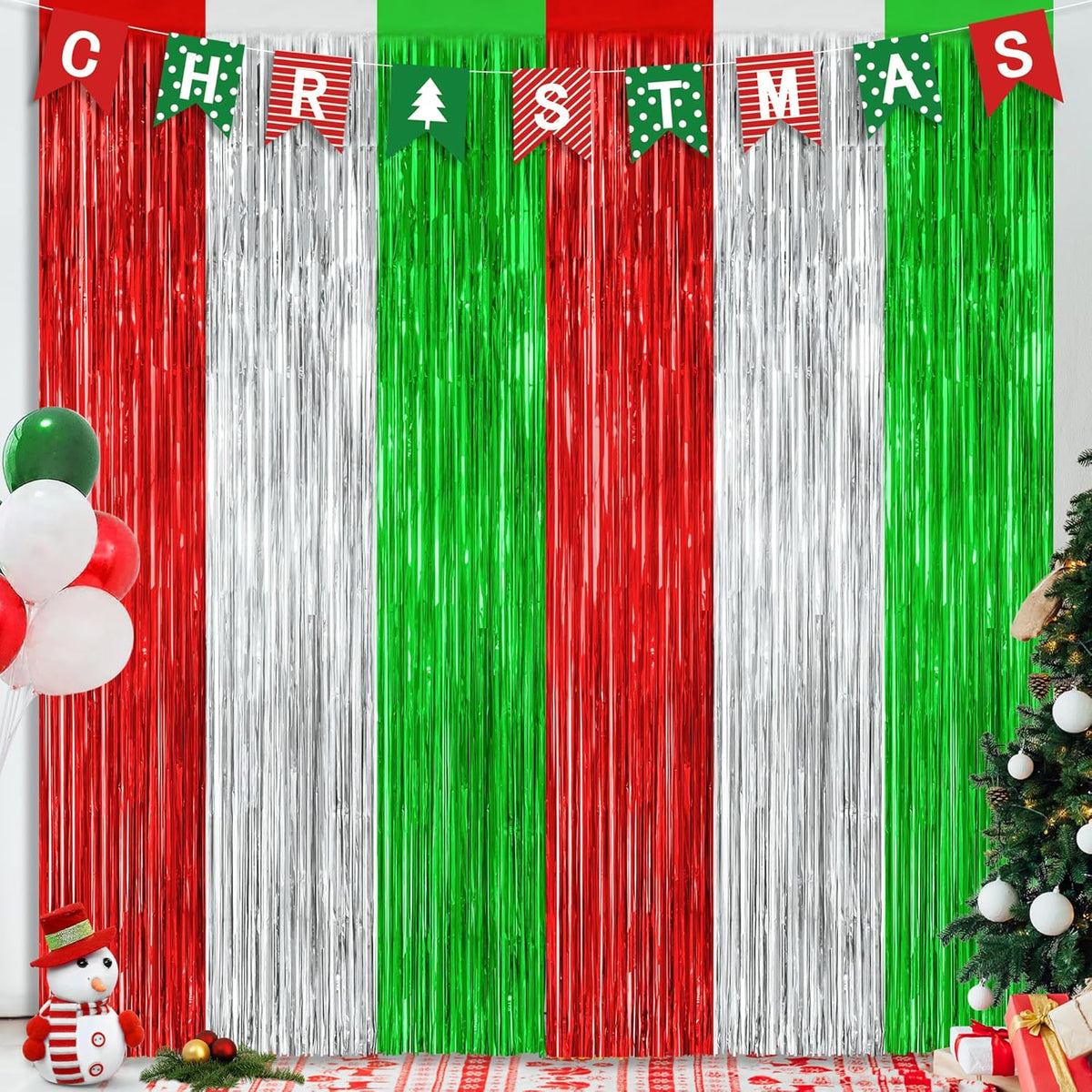 2 Pack Christmas Backdrop, 3.28 FT x 7.05 FT Red Silver Green Party Streamer, Metallic Xmas