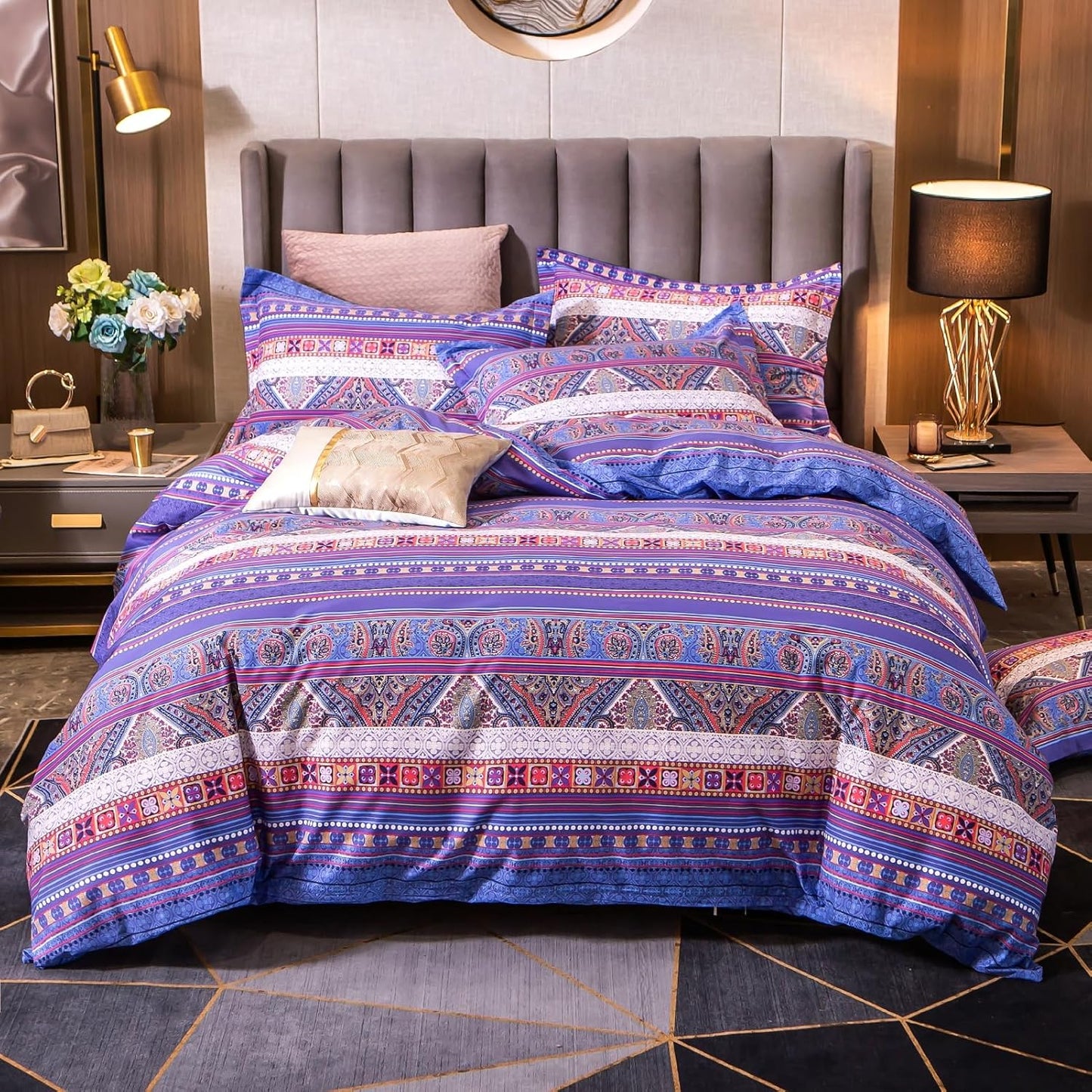ABREEZE Bohemian Vintage Full Size Floral Cotton Bedding Set 3Pcs Duvet Cover Set Boho Purple