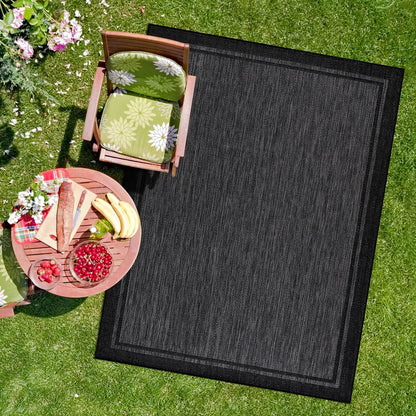CAMILSON Indoor Outdoor Rug, 8x10 Bordered Dark Gray Black Modern Area Rugs for Indoor and Outdoor