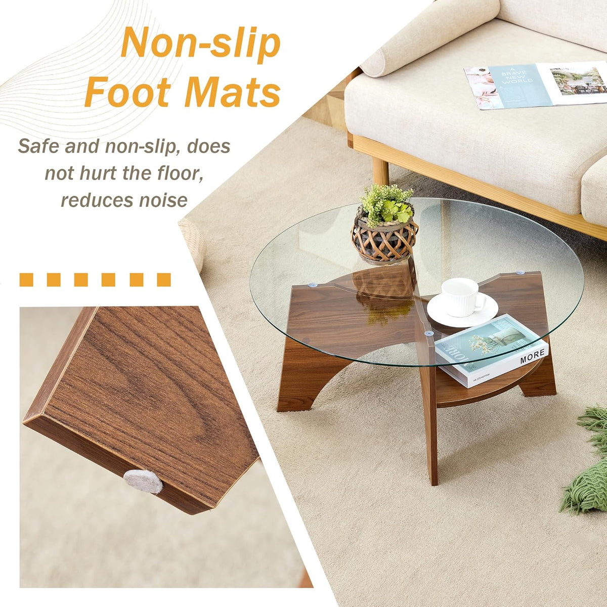31.5" Round Glass Coffee Table with Tempered Glass Top and MDF Base, Diagonal Fan-Shaped Tray
