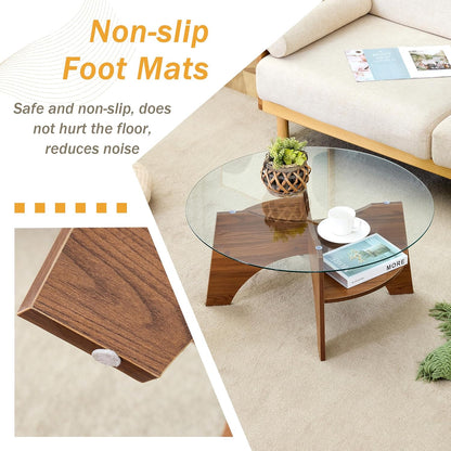 31.5" Round Glass Coffee Table with Tempered Glass Top and MDF Base, Diagonal Fan-Shaped Tray