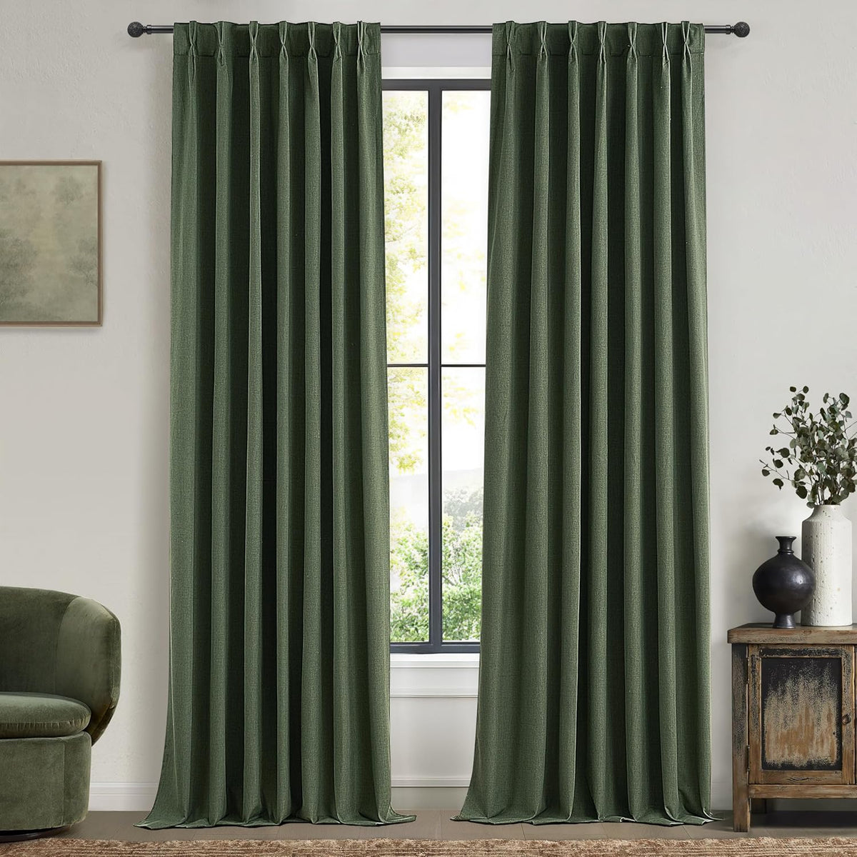 Decorative Blackout Curtains 95 Inches Long for Bedroom, Olive Green Pinch Pleated Textured Linen