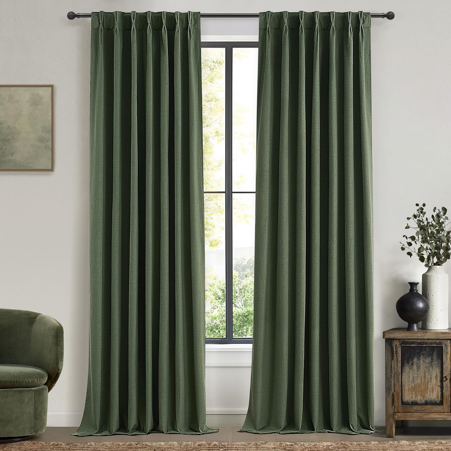 Decorative Blackout Curtains 95 Inches Long for Bedroom, Olive Green Pinch Pleated Textured Linen