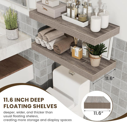 12 Inch Deep Floating Shelves for Wall | 30 Inch Floating Shelves Set of 2 | Rustic Grey Wood