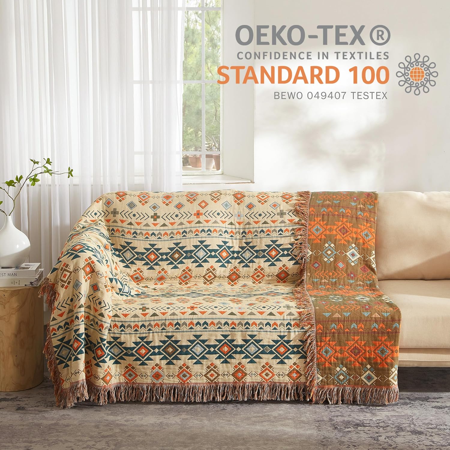 Boho Throw Blanket for Bed 90”x98”, 100% Cotton Woven Blanket for Couch Sofa, Ultra Soft 4-Layer