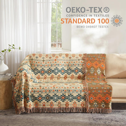 Boho Throw Blanket for Bed 90”x98”, 100% Cotton Woven Blanket for Couch Sofa, Ultra Soft 4-Layer