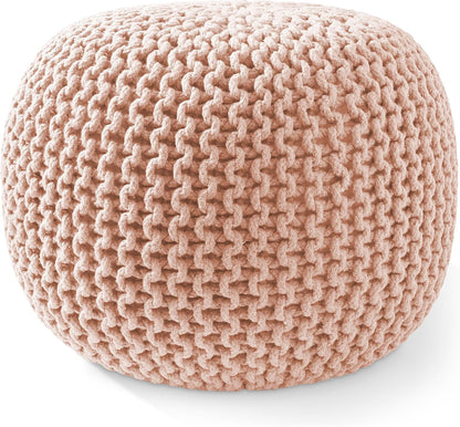 Casafield Round Pouf Ottoman, Light Pink - 20" Diameter x 14.5" High Cotton Knit Foot Stool - Boho