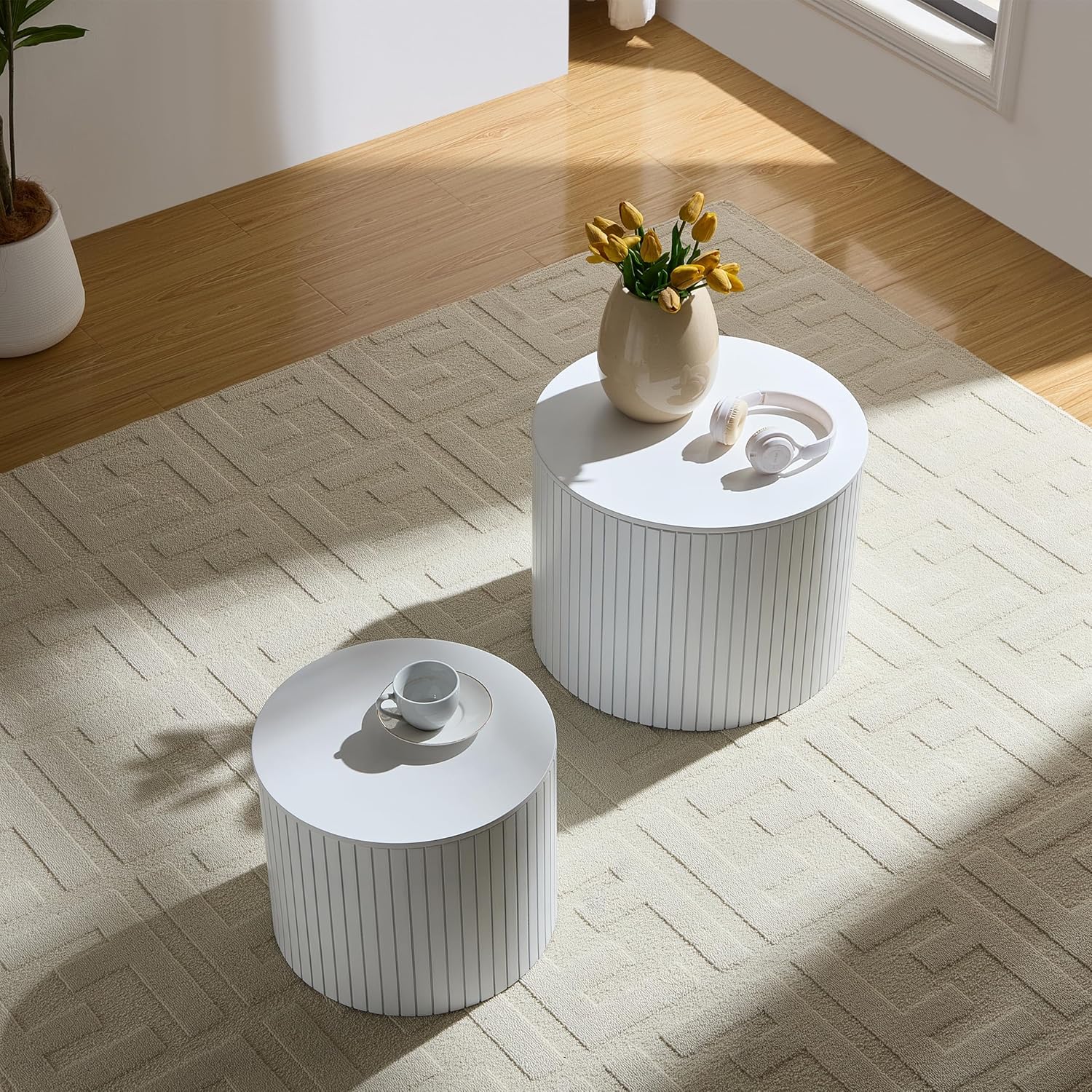 Round Coffee Table with Storage,19.17" Nesting Coffee Table Set of 2,Mid Century Modern End Table