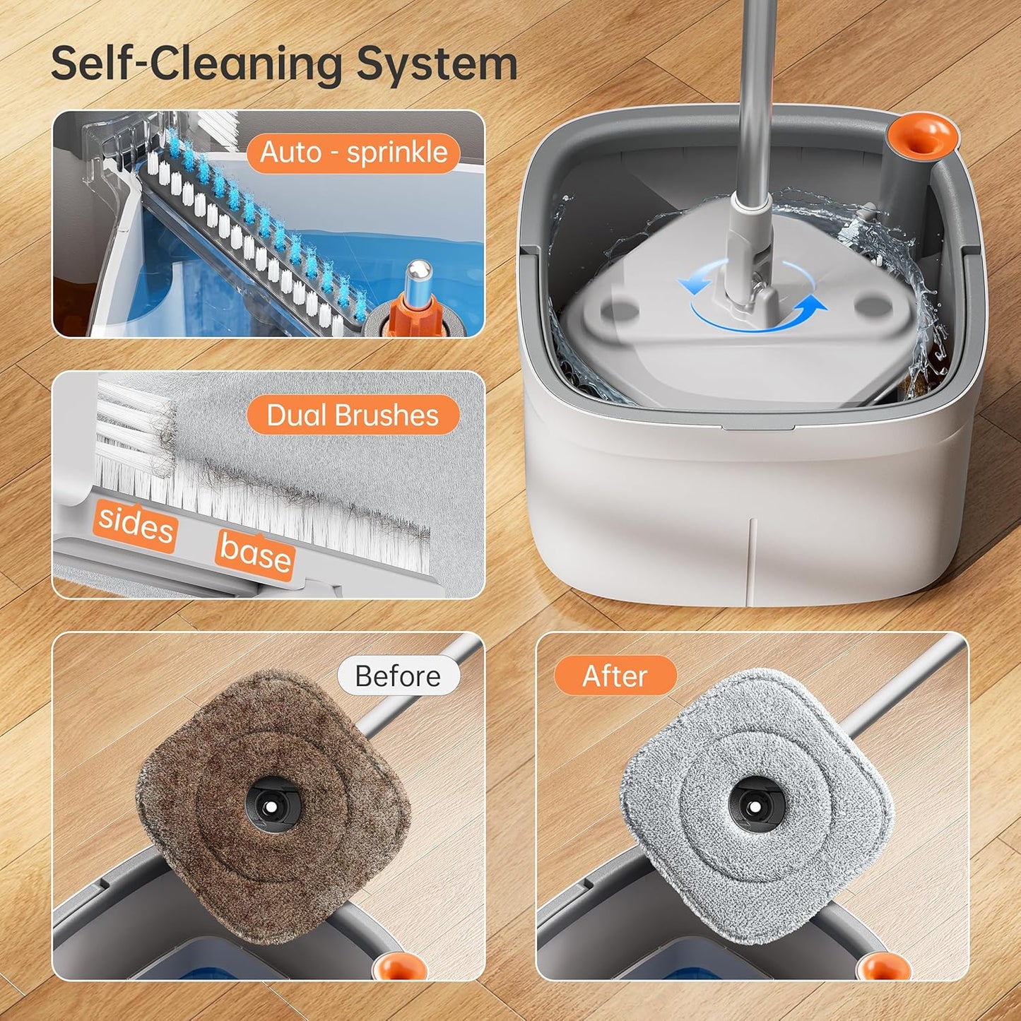 KZKR Spin Mop and Bucket Set with Self Separation Dirty and Clean Water System, Self Wringing 360°