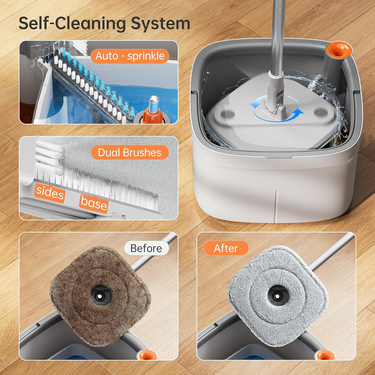 KZKR Spin Mop and Bucket Set with Self Separation Dirty and Clean Water System, Self Wringing 360°