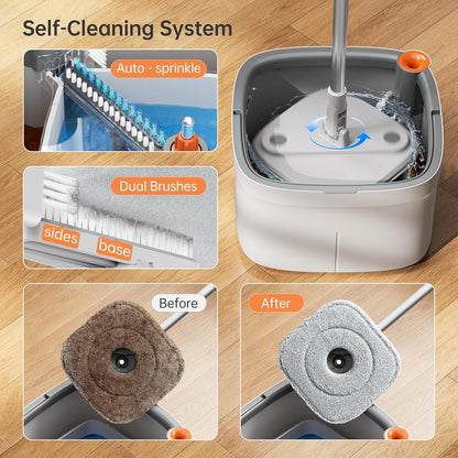 KZKR Spin Mop and Bucket Set with Self Separation Dirty and Clean Water System, Self Wringing 360°