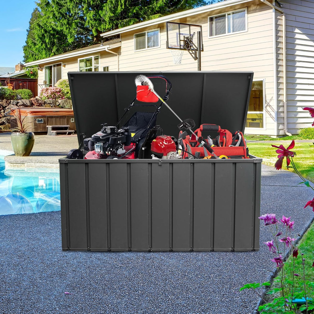 Domi 150 Gallon Deck Box, Outdoor Metal Lockable Storage Cabinet, Waterproof Steel Outdoor Bench