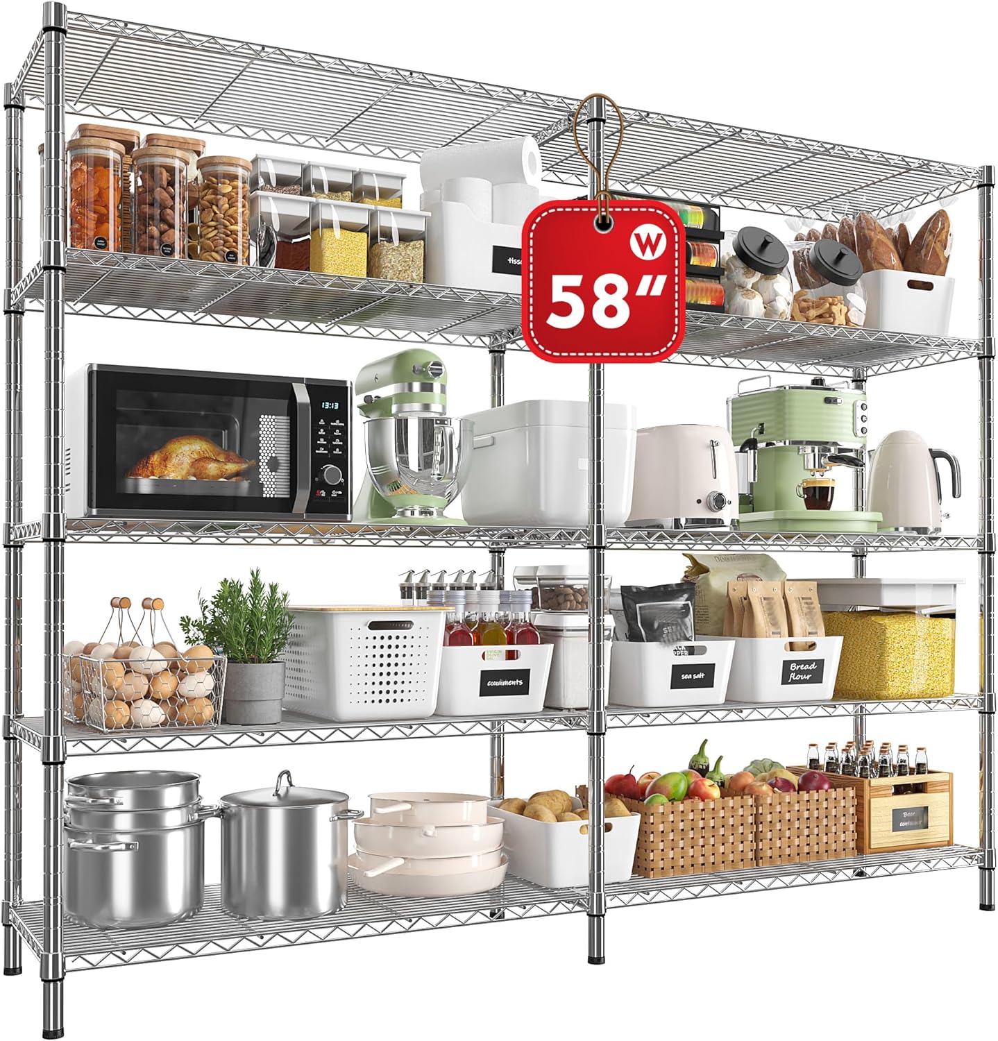 REIBII 58" W 5 Tier Heavy Duty Wire Shelving Unit with Adjustable Shelves - 1400LB Metal, Chrome