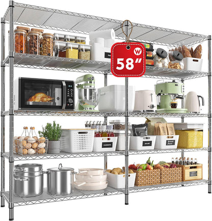 REIBII 58" W 5 Tier Heavy Duty Wire Shelving Unit with Adjustable Shelves - 1400LB Metal, Chrome