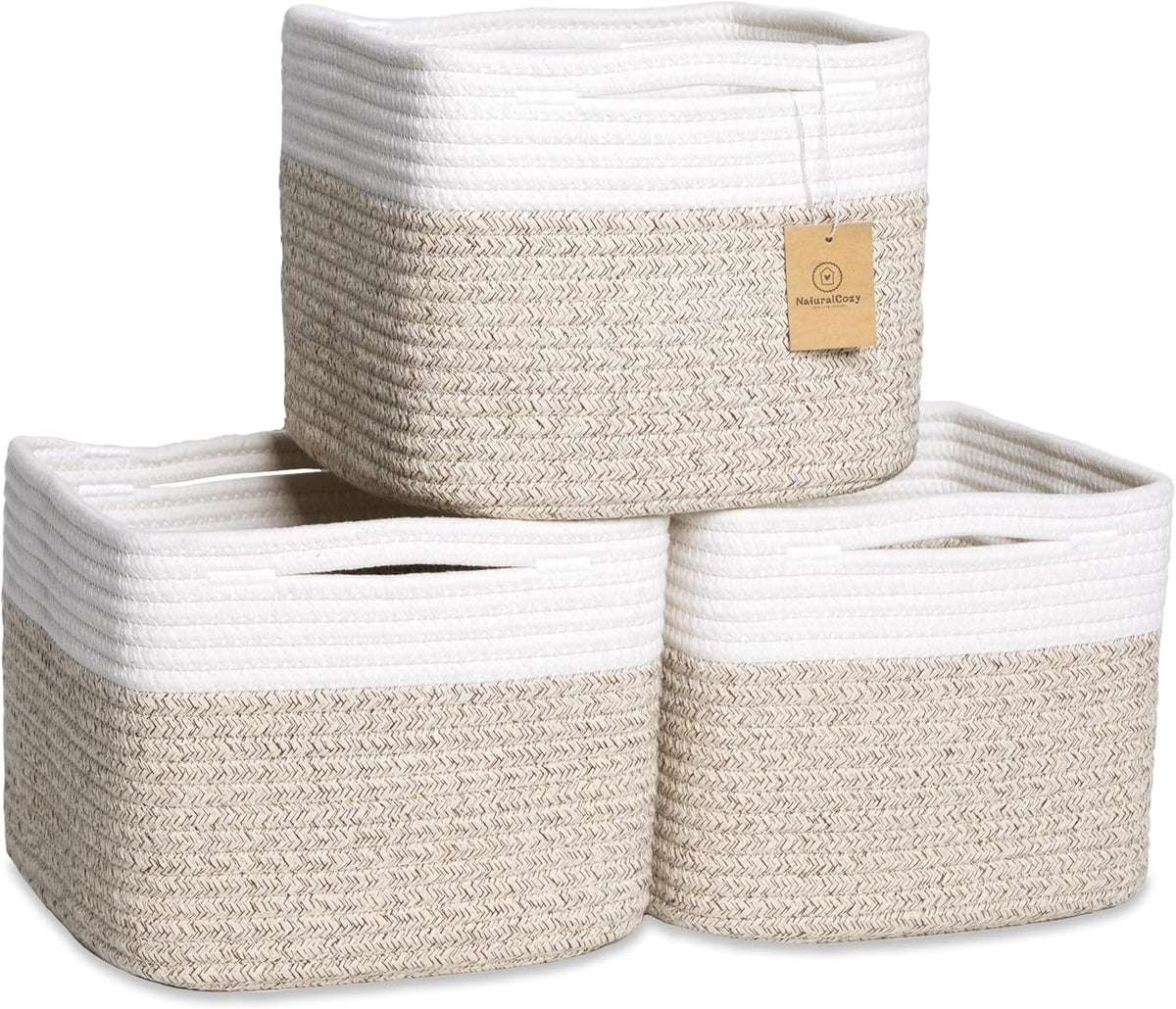 NaturalCozy Storage Cubes 9”x9”x7”Cotton Rope Woven Baskets for Organizing 3-Pack | 9 Inch Cube