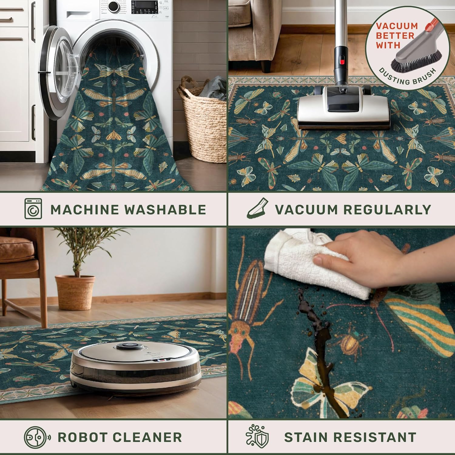 9x12 Large Living Room Rug - Dark Teal Multi Dining Room Rugs for Under Table, Bedroom, Kids Room