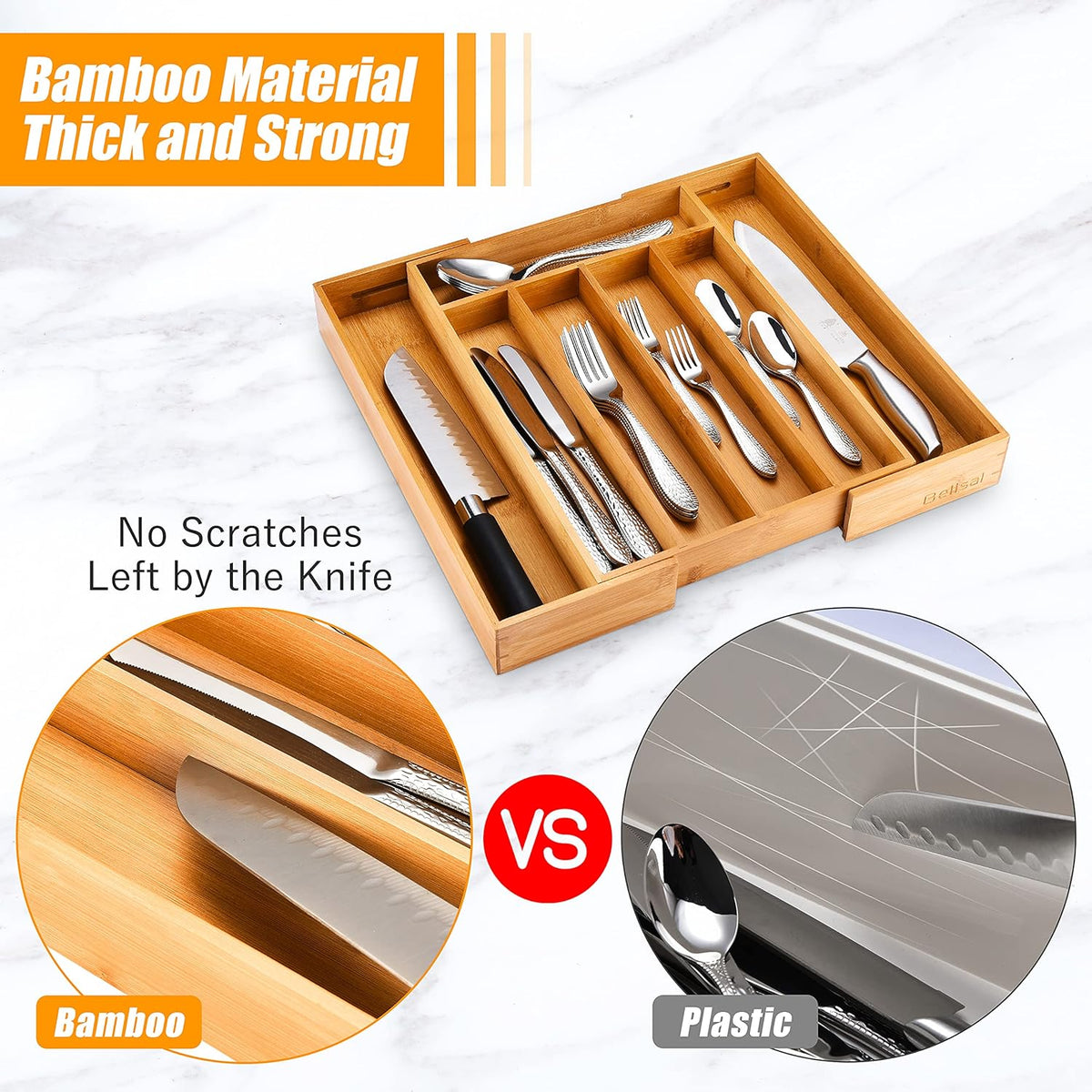 Bellsal Silverware Organizer Kitchen Drawer Organizer Expandable Bamboo Utensil Holder Cutlery Tray