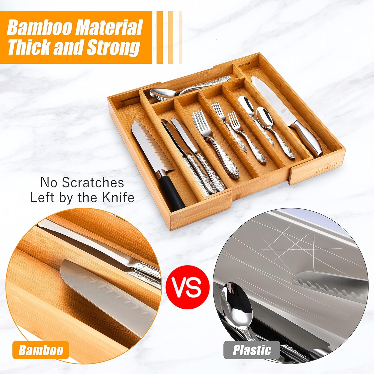 Bellsal Silverware Organizer Kitchen Drawer Organizer Expandable Bamboo Utensil Holder Cutlery Tray
