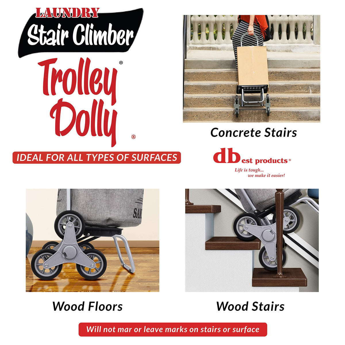 dbest products Stair Climber Laundry Trolley Dolly, Grey Laundry Bag Hamper Basket cart with wheels