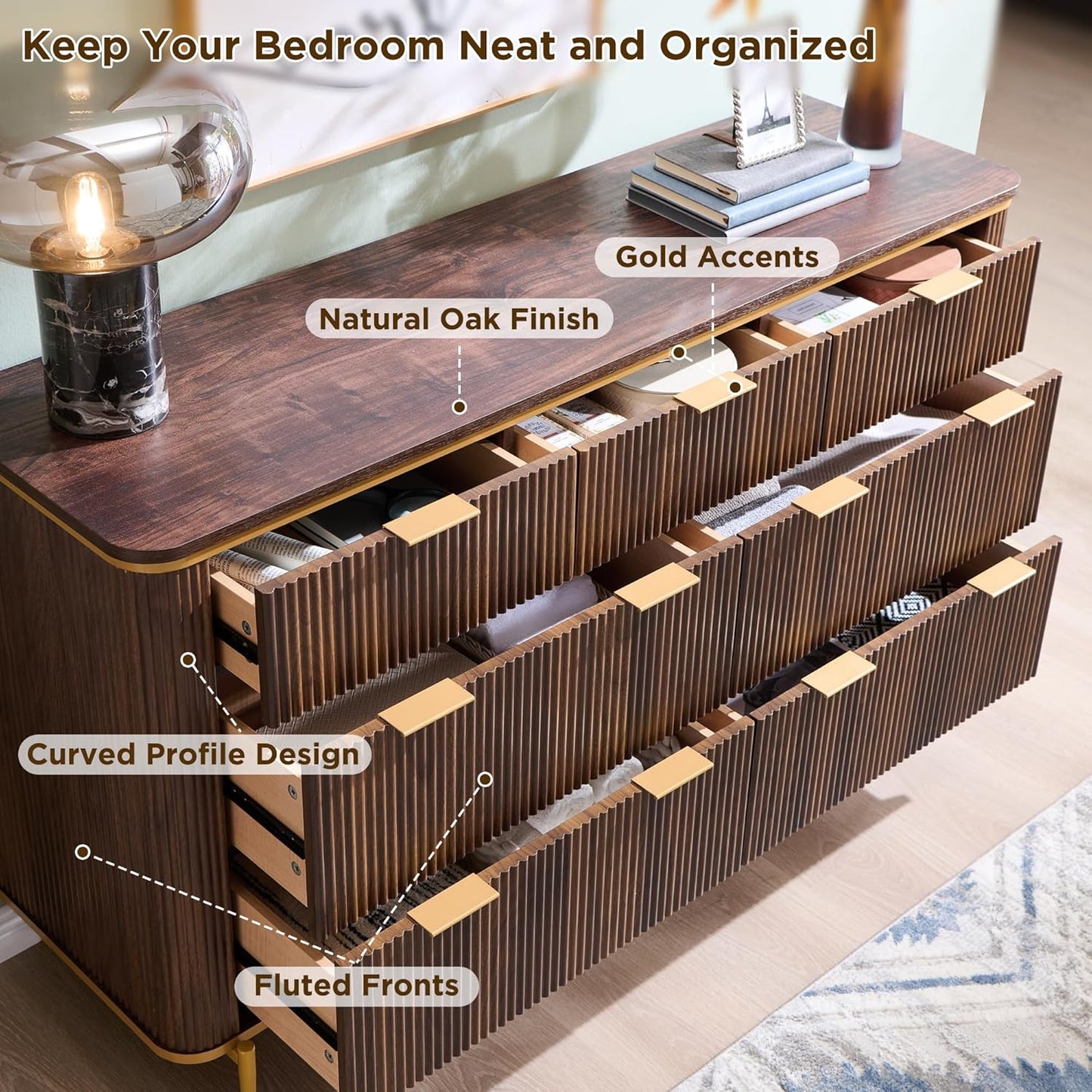 T4TREAM Fluted 7 Drawers Dresser for Bedroom, 54" Wide Modern Dresser TV Stand, Gold Accents