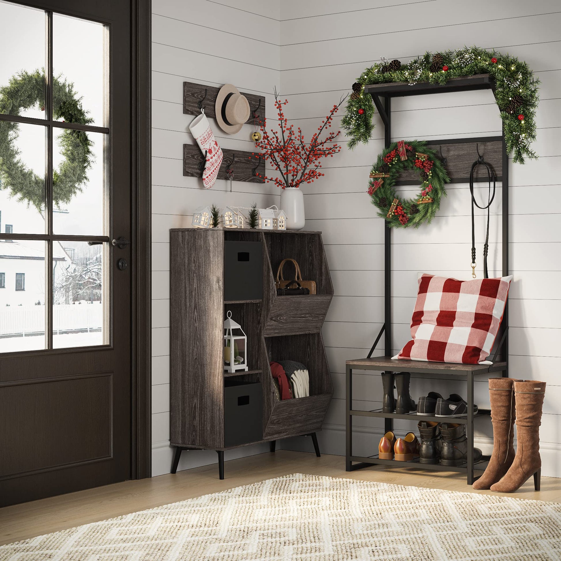RiverRidge Afton Hall Tree, Black Metal Frame and Weathered Woodgrain
