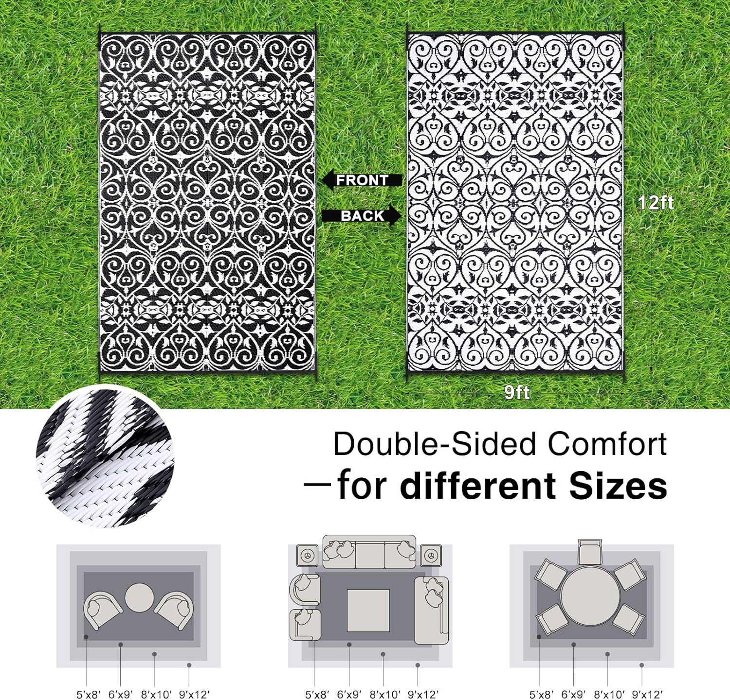 OLANLY Outdoor Rug Waterproof 9x12 ft Clearance, Reversible Outdoor Plastic Straw Rug with Floral