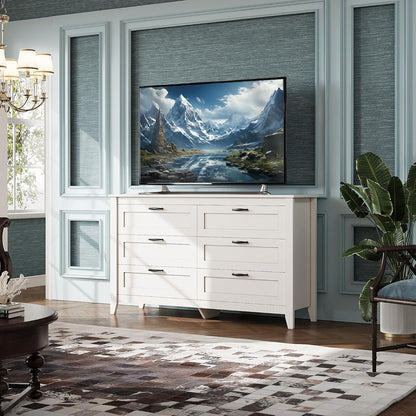 WLIVE White Dresser for Bedroom, 6 Drawer Wood Dresser with Metal Handle, Large Double Wooden Chest