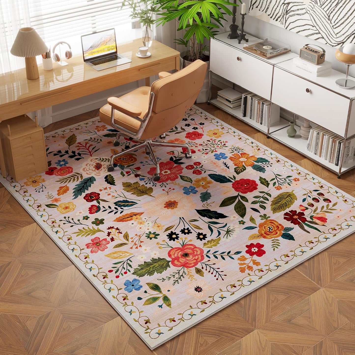 Area Rug 4x6 Rug Washable Boho Rugs Non Slip Low Pile Floral Small Carpet for Bedroom, Bedside