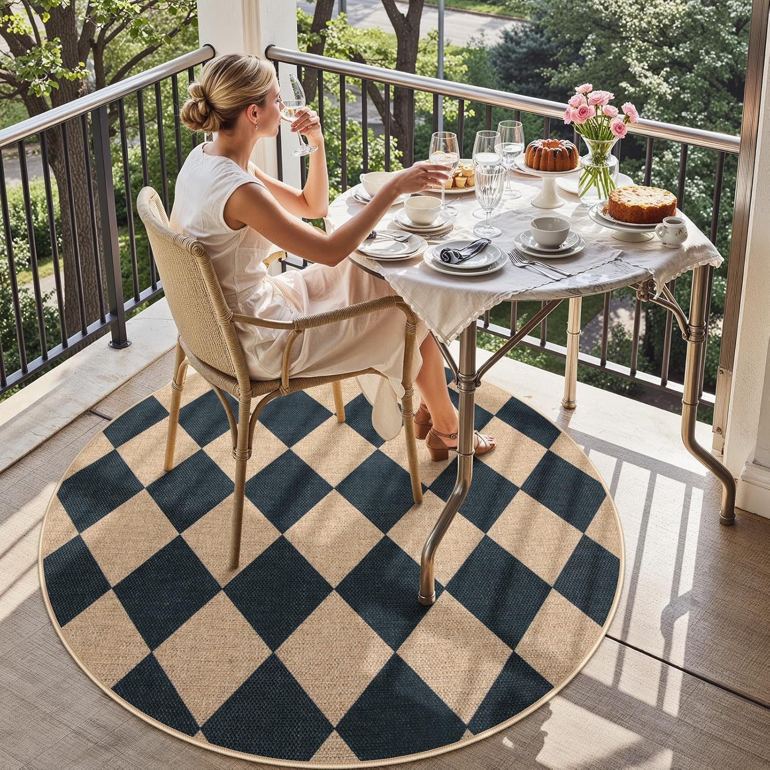 Lahome Checkered Round Entryway Rug 4ft, Circle Indoor Outdoor Patio Rug Washable Farmhouse Easy