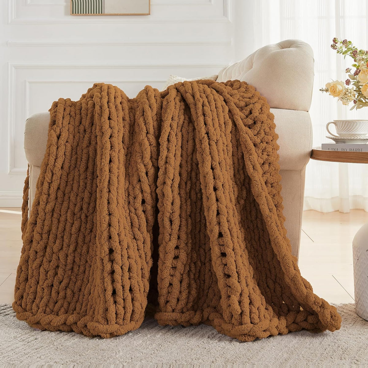 Carriediosa Chunky Knit Throw Blanket 50" X 60", 100% Hand Made Large Chenille Loop Yarn Soft
