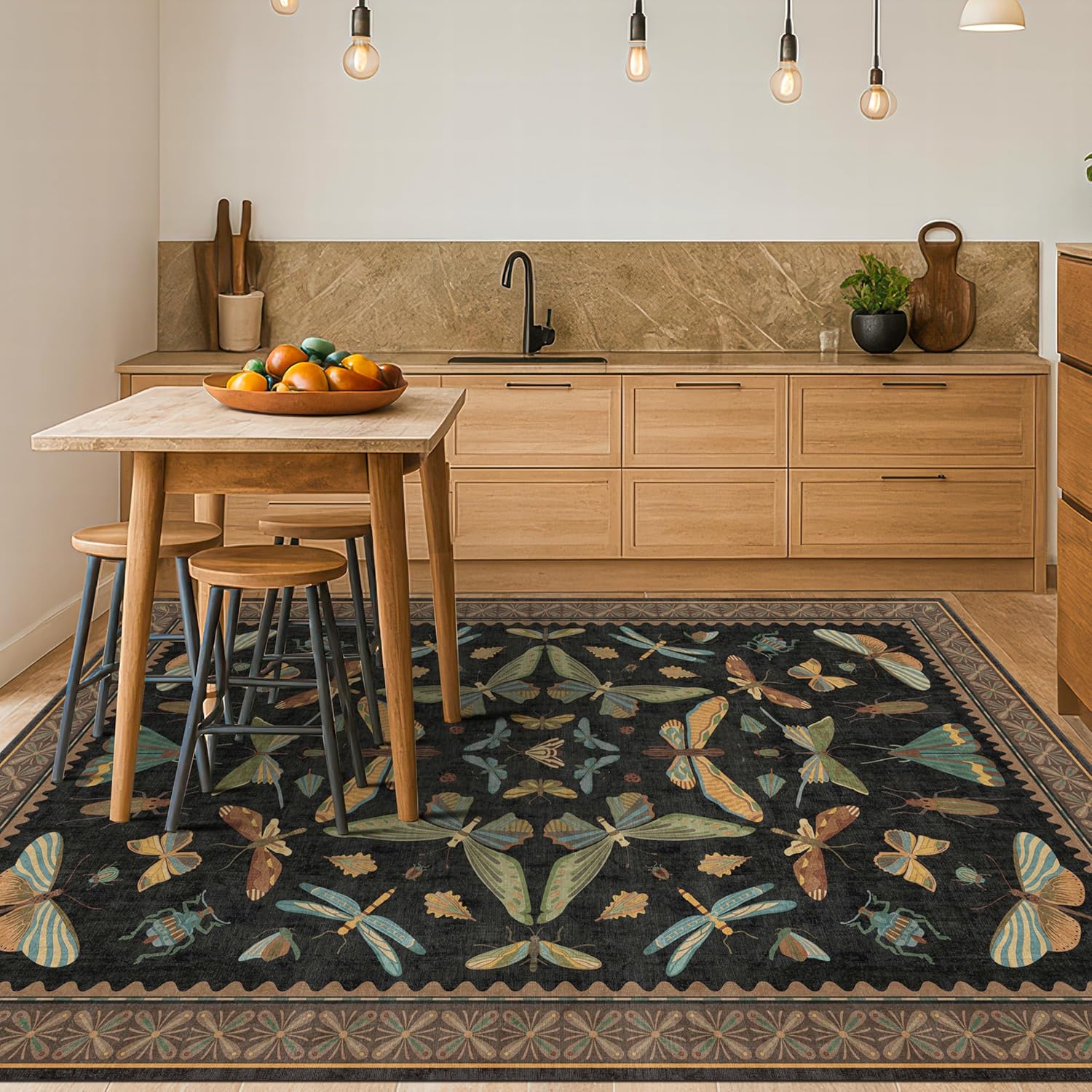 Living Room Rug Black Boho 6x9 - Dining Room Rugs for Under Table, Bedroom, Insect Bug Eclectic
